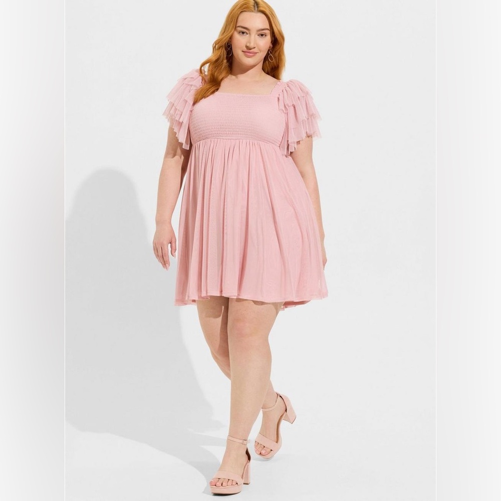 NWT Torrid Pink Mini Mesh Ruffled Layered Sleeve Dress (Size 2)